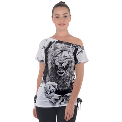 Drawing Angry Male Lion Roar Animal Off Shoulder Tie-up Tee by danenraven