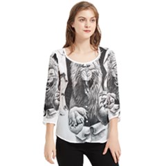 Drawing Angry Male Lion Roar Animal Chiffon Quarter Sleeve Blouse by danenraven