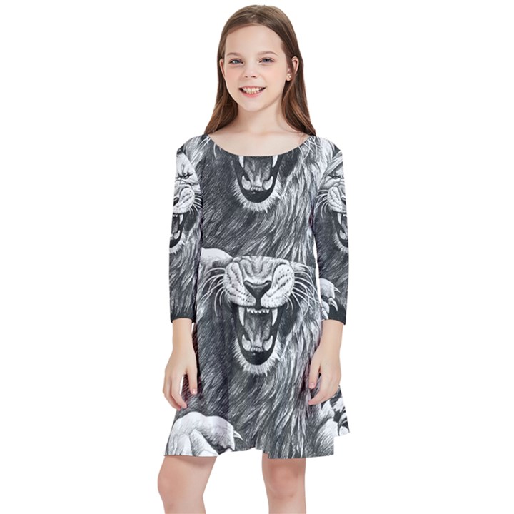 Drawing Angry Male Lion Roar Animal Kids  Quarter Sleeve Skater Dress