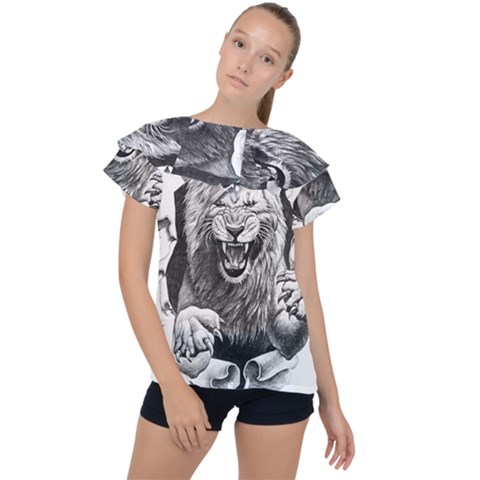 Drawing Angry Male Lion Roar Animal Ruffle Collar Chiffon Blouse by danenraven