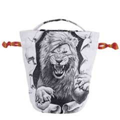 Drawing Angry Male Lion Roar Animal Drawstring Bucket Bag by danenraven