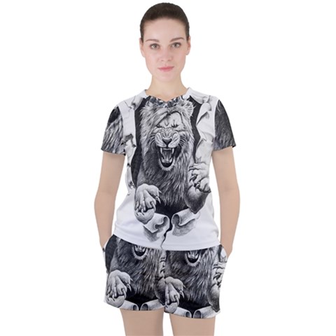 Drawing Angry Male Lion Roar Animal Women s Tee And Shorts Set by danenraven