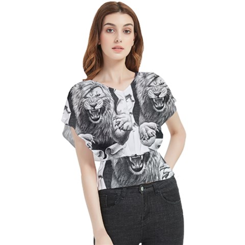 Drawing Angry Male Lion Roar Animal Butterfly Chiffon Blouse by danenraven