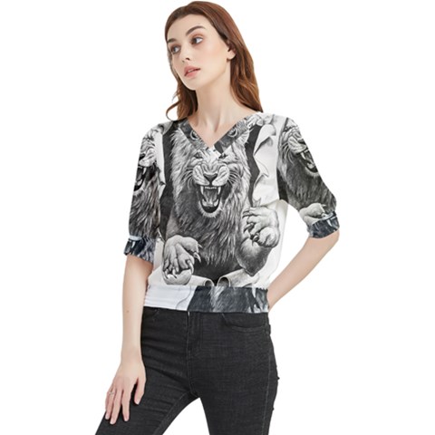 Drawing Angry Male Lion Roar Animal Quarter Sleeve Blouse by danenraven