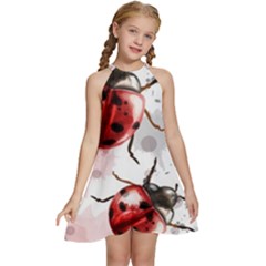 Ladybugs-pattern-texture-watercolor Kids  Halter Collar Waist Tie Chiffon Dress