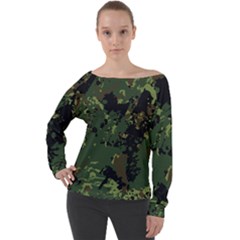 Military Background Grunge Off Shoulder Long Sleeve Velour Top by Wegoenart