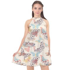 Pattern-with-hand-drawn-butterflies Halter Neckline Chiffon Dress  by Wegoenart