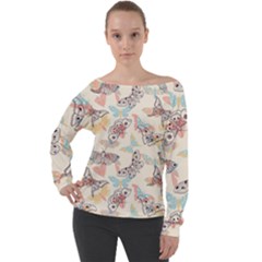 Pattern-with-hand-drawn-butterflies Off Shoulder Long Sleeve Velour Top by Wegoenart