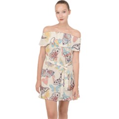 Pattern-with-hand-drawn-butterflies Off Shoulder Chiffon Dress by Wegoenart