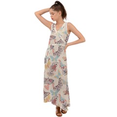 Pattern-with-hand-drawn-butterflies V-neck Chiffon Maxi Dress by Wegoenart