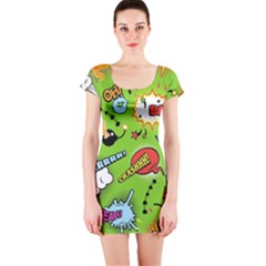 Modern-comics-background-pattern-with-bombs-lightening-jagged-clouds-speech-bubbles Short Sleeve Bodycon Dress by Wegoenart