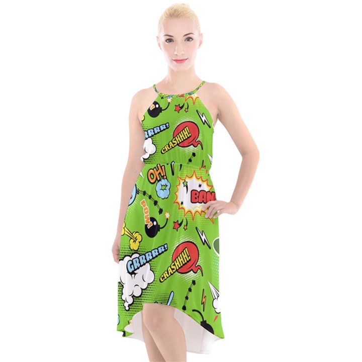 Modern-comics-background-pattern-with-bombs-lightening-jagged-clouds-speech-bubbles High-Low Halter Chiffon Dress 