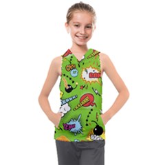 Modern-comics-background-pattern-with-bombs-lightening-jagged-clouds-speech-bubbles Kids  Sleeveless Hoodie by Wegoenart