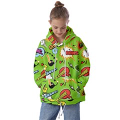 Modern-comics-background-pattern-with-bombs-lightening-jagged-clouds-speech-bubbles Kids  Oversized Hoodie by Wegoenart