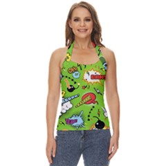 Modern-comics-background-pattern-with-bombs-lightening-jagged-clouds-speech-bubbles Basic Halter Top