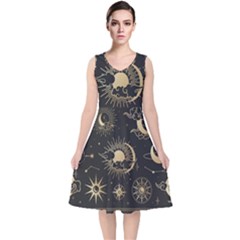 Asian-set-with-clouds-moon-sun-stars-vector-collection-oriental-chinese-japanese-korean-style V-neck Midi Sleeveless Dress  by Wegoenart