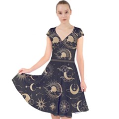 Asian-set-with-clouds-moon-sun-stars-vector-collection-oriental-chinese-japanese-korean-style Cap Sleeve Front Wrap Midi Dress by Wegoenart