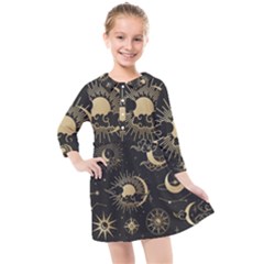 Asian-set-with-clouds-moon-sun-stars-vector-collection-oriental-chinese-japanese-korean-style Kids  Quarter Sleeve Shirt Dress by Wegoenart