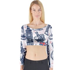 London Seamless Pattern Long Sleeve Crop Top by Wegoenart