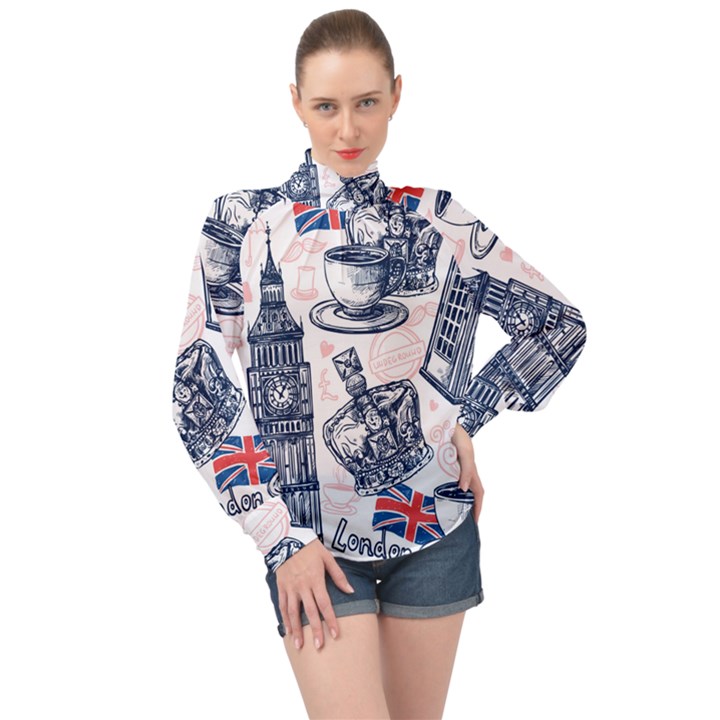 London Seamless Pattern High Neck Long Sleeve Chiffon Top