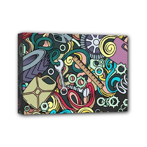 Cartoon-cute-doodles-hand-drawn-auto-service-seamless-pattern Mini Canvas 7  X 5  (stretched) by Wegoenart