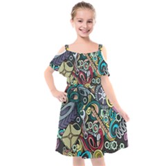 Cartoon-cute-doodles-hand-drawn-auto-service-seamless-pattern Kids  Cut Out Shoulders Chiffon Dress by Wegoenart