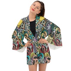 Cartoon-cute-doodles-hand-drawn-auto-service-seamless-pattern Long Sleeve Kimono by Wegoenart