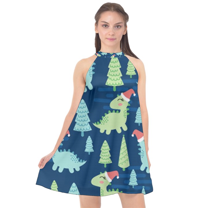 Cute-dinosaurs-animal-seamless-pattern-doodle-dino-winter-theme Halter Neckline Chiffon Dress 