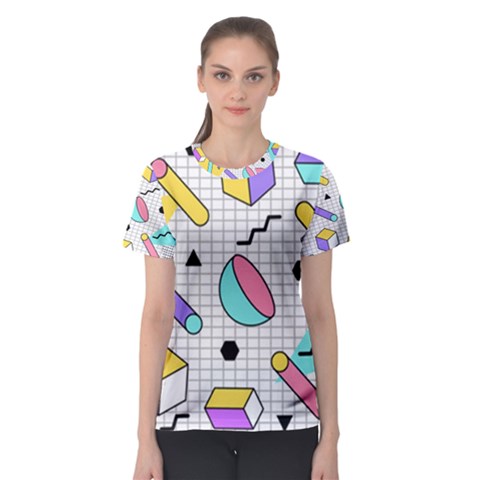 Tridimensional-pastel-shapes-background-memphis-style Women s Sport Mesh Tee by Wegoenart