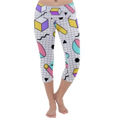 Tridimensional-pastel-shapes-background-memphis-style Capri Yoga Leggings by Wegoenart