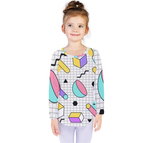 Tridimensional-pastel-shapes-background-memphis-style Kids  Long Sleeve Tee by Wegoenart