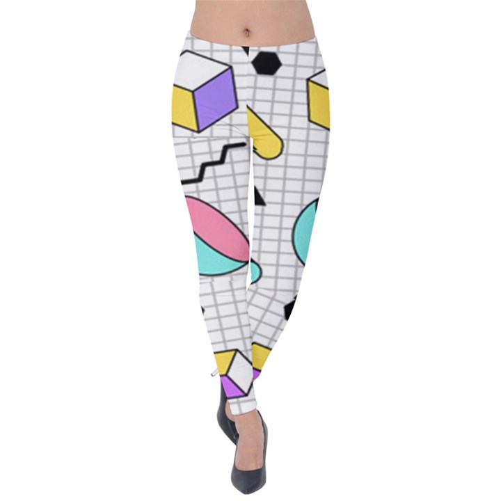 Tridimensional-pastel-shapes-background-memphis-style Velvet Leggings