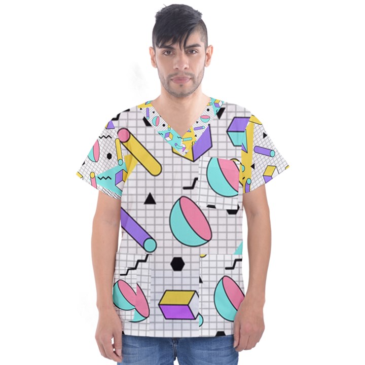 Tridimensional-pastel-shapes-background-memphis-style Men s V-Neck Scrub Top