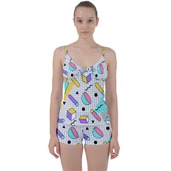 Tridimensional-pastel-shapes-background-memphis-style Tie Front Two Piece Tankini by Wegoenart