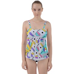 Tridimensional-pastel-shapes-background-memphis-style Twist Front Tankini Set by Wegoenart