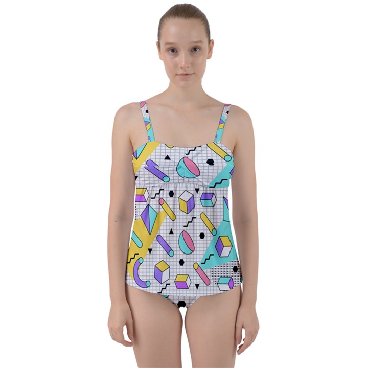 Tridimensional-pastel-shapes-background-memphis-style Twist Front Tankini Set