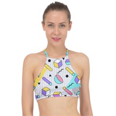 Tridimensional-pastel-shapes-background-memphis-style Racer Front Bikini Top by Wegoenart