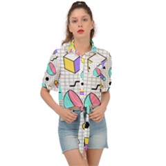 Tridimensional-pastel-shapes-background-memphis-style Tie Front Shirt  by Wegoenart