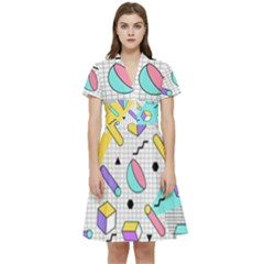 Tridimensional-pastel-shapes-background-memphis-style Short Sleeve Waist Detail Dress by Wegoenart