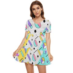 Tridimensional-pastel-shapes-background-memphis-style Tiered Short Sleeve Babydoll Dress by Wegoenart