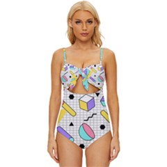 Tridimensional-pastel-shapes-background-memphis-style Knot Front One-piece Swimsuit by Wegoenart