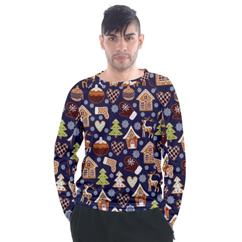 Winter-seamless-patterns-with-gingerbread-cookies-holiday-background Men s Long Sleeve Raglan Tee by Wegoenart