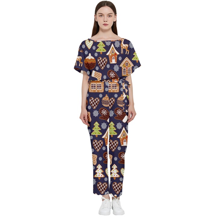 Winter-seamless-patterns-with-gingerbread-cookies-holiday-background Batwing Lightweight Chiffon Jumpsuit