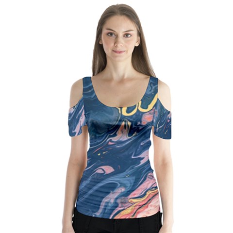 Liquid Abstract Paint Texture Butterfly Sleeve Cutout Tee  by Wegoenart