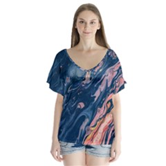 Liquid Abstract Paint Texture V-neck Flutter Sleeve Top by Wegoenart