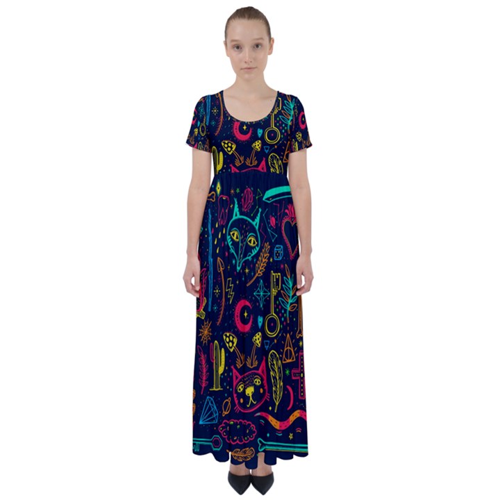 Sketch-graphic-illustration High Waist Short Sleeve Maxi Dress