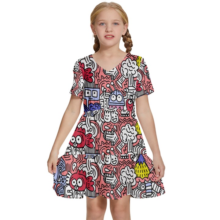 Hand-drawn-vector-illustration-doodle-funny-world-illustrator-line-tools-drawing-flat-design Kids  Short Sleeve Tiered Mini Dress