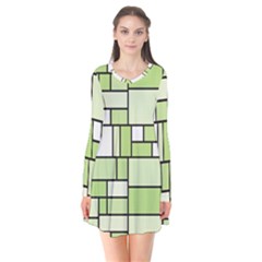 Green-geometric-digital-paper Long Sleeve V-neck Flare Dress by Wegoenart