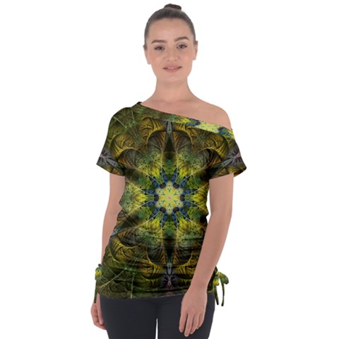 Fractal Fantasy Design Background Off Shoulder Tie-up Tee by Wegoenart