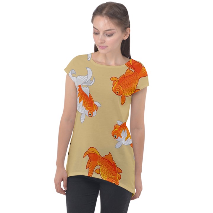 Gold Fish Seamless Pattern Background Cap Sleeve High Low Top